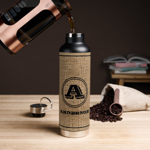 Personalized jute burlap rustic thermal tumbler water bottle