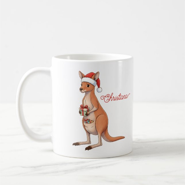 Personalized Kangaroo With Santa Hat Christmas Coffee Mug (Left)
