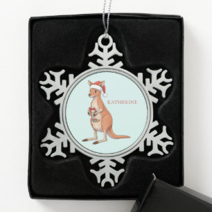 Personalized Kangaroo With Santa Hat Christmas Snowflake Pewter Christmas Ornament