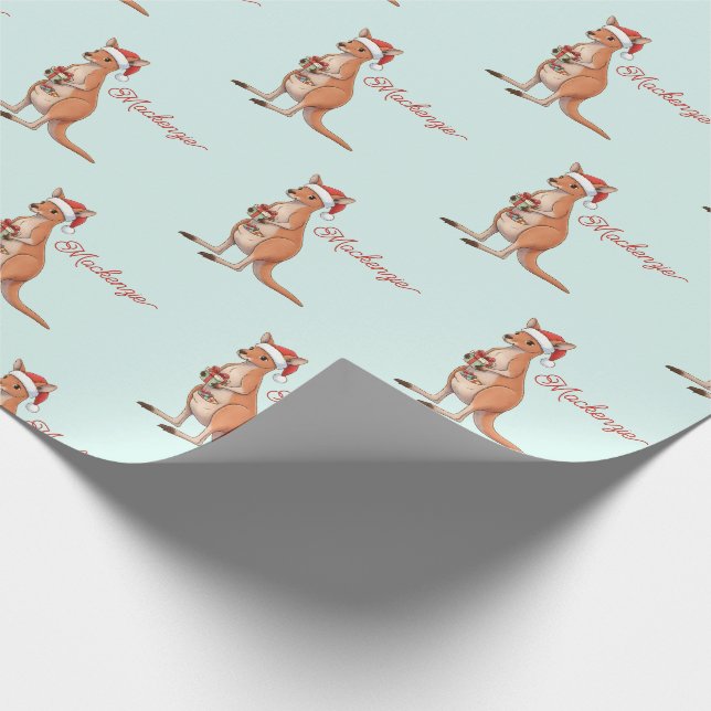 Personalized Kangaroo With Santa Hat Christmas Wrapping Paper (Corner)