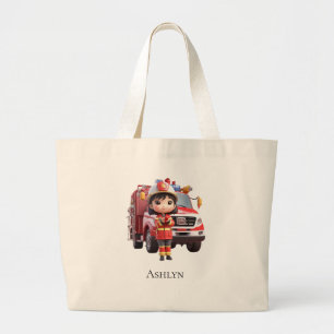 Personalized Kawaii 3D Girl Firefighter Large Tote Bag