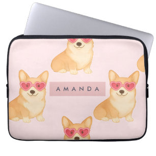 Personalized Kawaii Corgi with Heart Sunglasses Laptop Sleeve