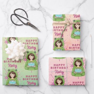 Personalized Kawaii Frog Hoodie Girl Birthday Wrapping Paper Sheet