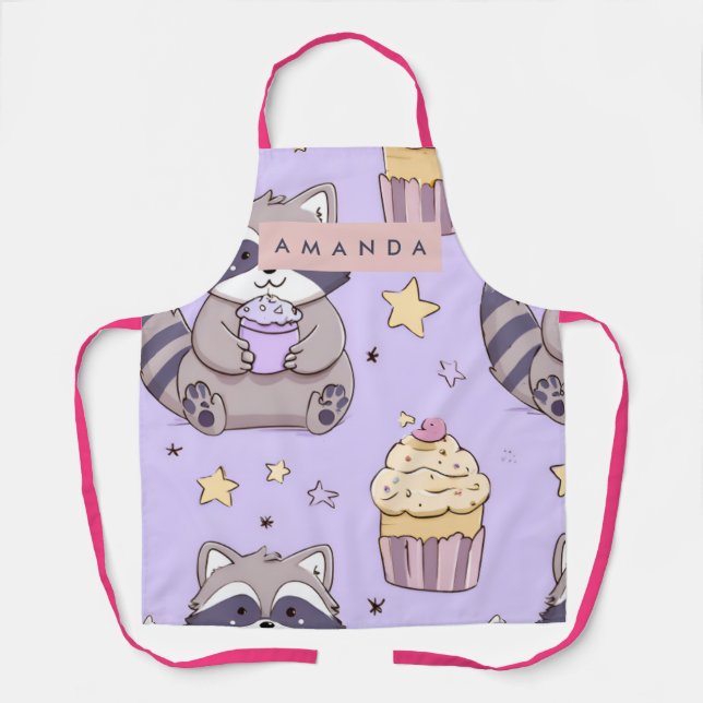 Personalized Kawaii Raccoons with Cupcakes Pattern Apron (Front)
