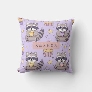 Personalized Kawaii Raccoons with Cupcakes Pattern Cushion