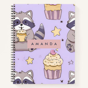 Personalized Kawaii Raccoons with Cupcakes Pattern Notebook