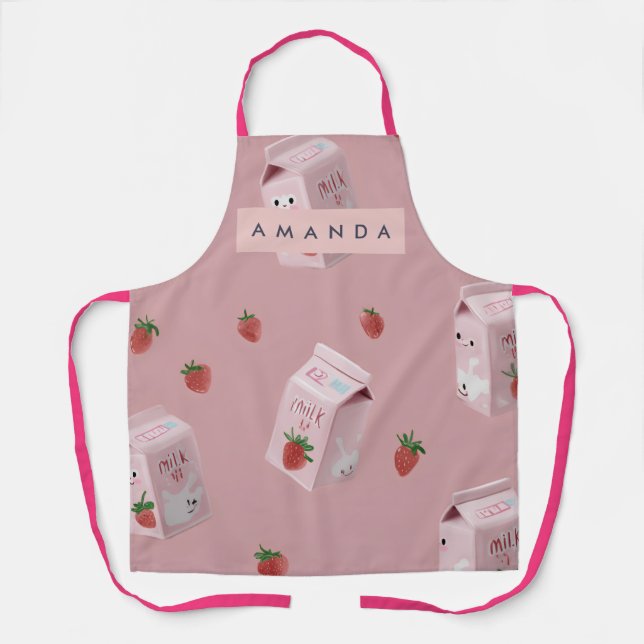 Personalized Kawaii Strawberry Milk Pattern Apron (Front)