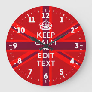 Personalized Keep Calm Your Text UK Flag Red Large Clock