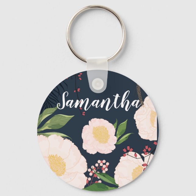 Personalized Key Chain White Floral Flowers on Dar (Front)