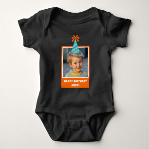 Personalized Kid Photo Happy Birthday w/ Blue Hat Baby Bodysuit