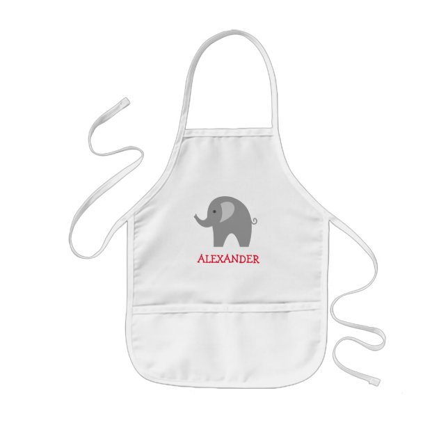 Personalized kids apron with cute gray elephant (Front)