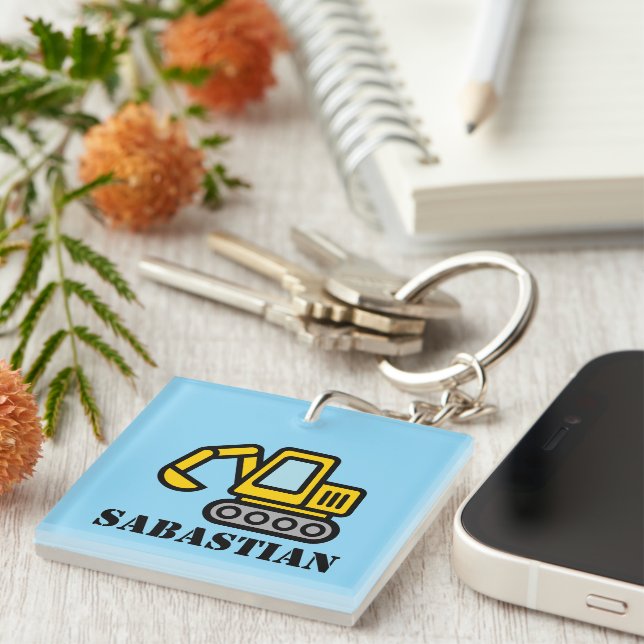 Personalized kid's keychain with toy excavator  (Front Right)