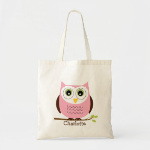 Personalized Kids Pink And Brown Owl Tote Bag
