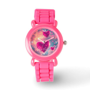 Personalized Kids Pink Strap with Pink Hearts Watch