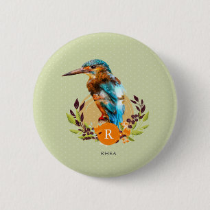 Personalized Kingfisher and Floral Design. 6 Cm Round Badge