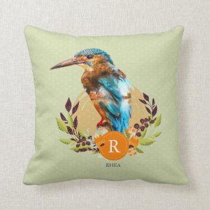 Personalized Kingfisher and Floral Design. Cushion