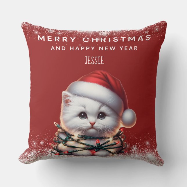 Personalized Kitten Santa Hat Christmas Cushion (Front)