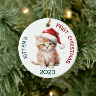 Personalized Kitten's First Christmas Design Ceramic Ornament