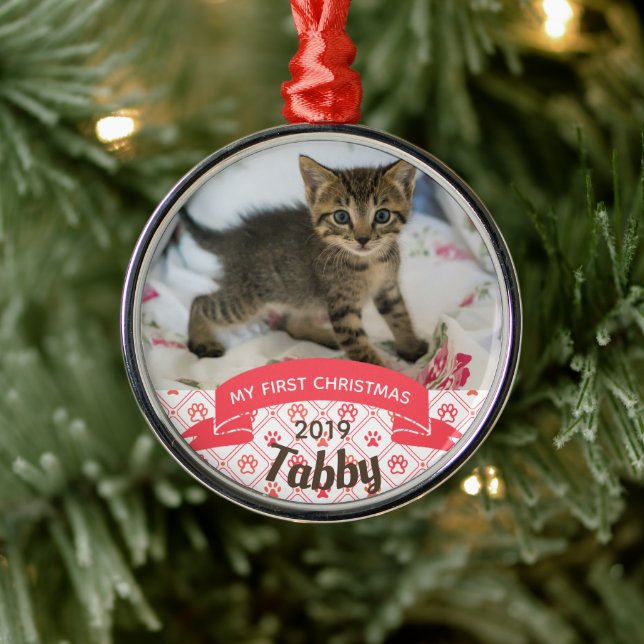 Personalized Kitten's First Christmas Photo Metal Ornament (Tree)