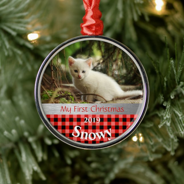 Personalized Kitten's First Christmas Photo Metal Ornament (Tree)