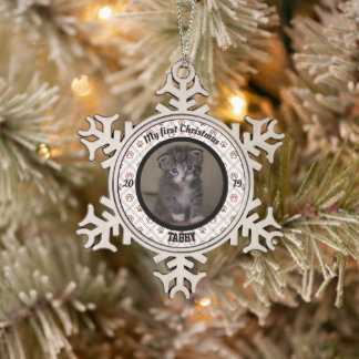 Personalized Kitten's First Christmas Photo Snowflake Pewter Christmas Ornament