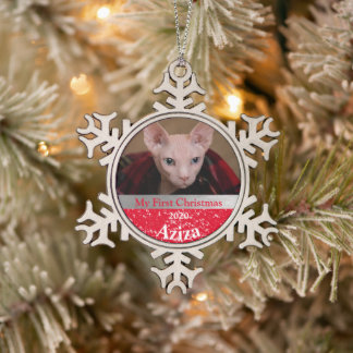 Personalized Kitten's First Christmas Photo Snowflake Pewter Christmas Ornament