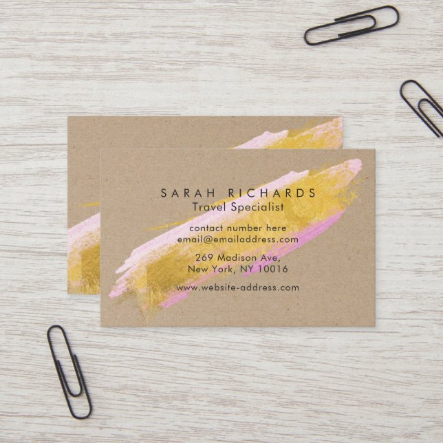 Personalized Kraft Gold Pink Brush Business Cards (Front/Back In Situ)