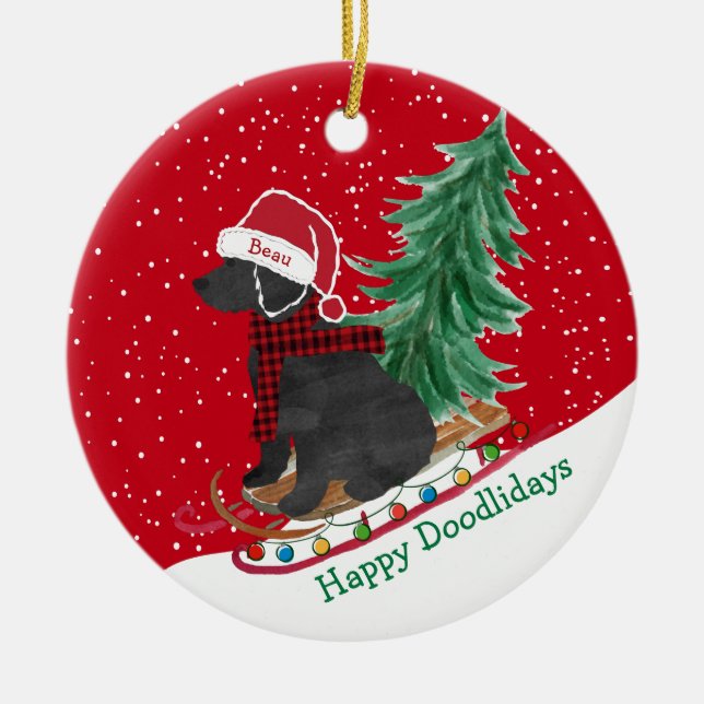 Personalized Labradoodle Christmas Snow Sled Ceramic Ornament (Front)