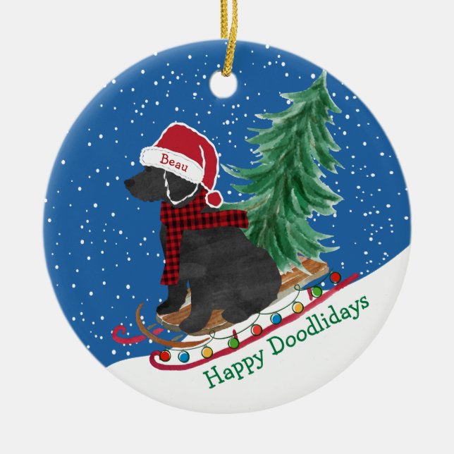 Personalized Labradoodle Christmas Snow Sled Ceramic Ornament (Front)
