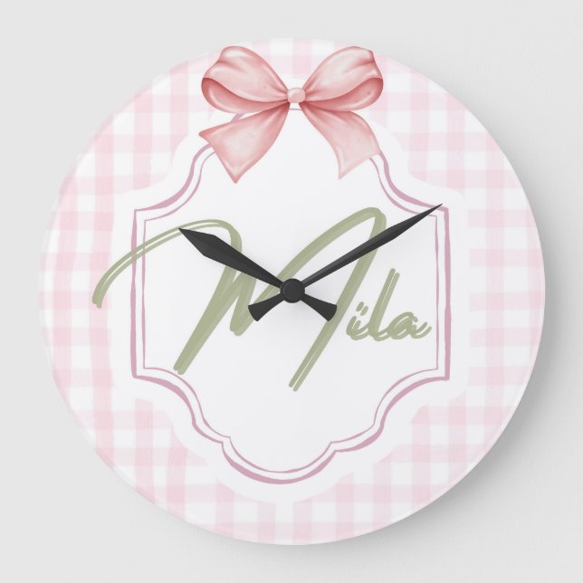 Personalized Lainey Baby Girl Nursery Bow&Gingham  Large Clock (Front)