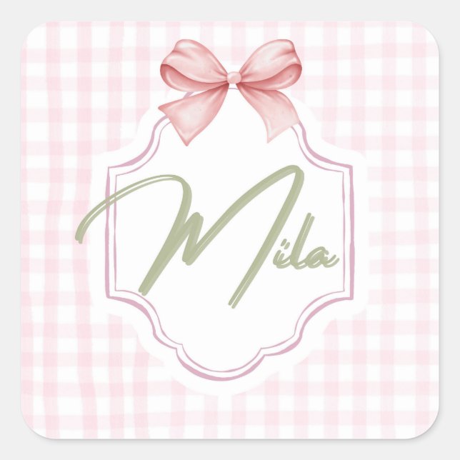 Personalized Lainey Baby Girl Nursery Bow&Gingham  Square Sticker (Front)