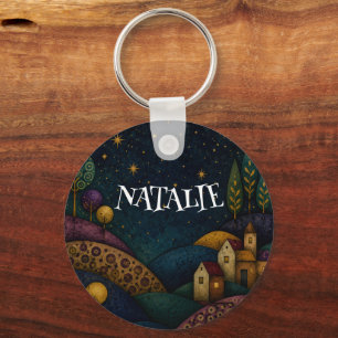 PERSONALIZED LANTERN GIRL UNDER BLUE STARRY SKY KEY RING