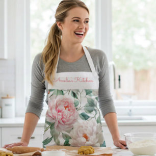 Personalized Large Floral Pattern Pink White Green Apron