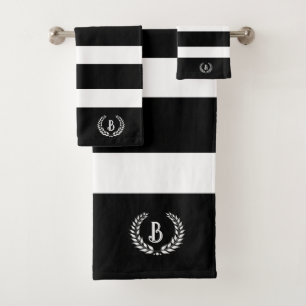 Personalized Laurel Wreath Black & White Stripes Bath Towel Set