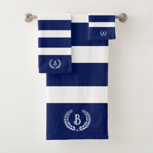 Personalized Laurel Wreath Blue & White Stripes Bath Towel Set