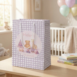 Personalized Lavender Gingham 1st Birthday Medium Gift Bag