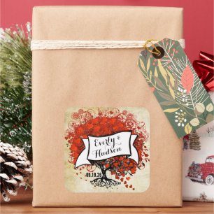 Personalized Lavender Heart Leaf Tree Wedding Square Sticker