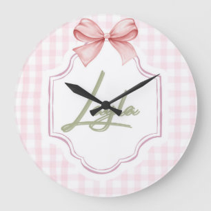 Personalized Layla Baby Girl Nursery Bow&Gingham  Large Clock