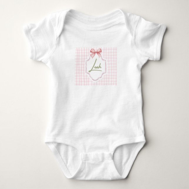 Personalized Leah Baby Girl Nursery Bow&Gingham Baby Bodysuit (Front)