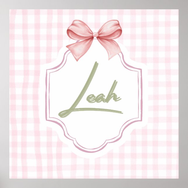 Personalized Leah Baby Girl Nursery Bow&Gingham Poster (Front)