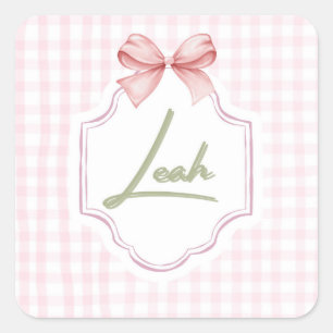 Personalized Leah Baby Girl Nursery Bow&Gingham Square Sticker