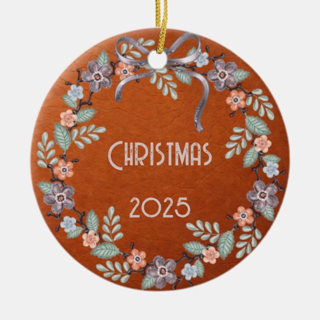 Personalized Leather Pastel Wreath Ceramic Ornament (Front)