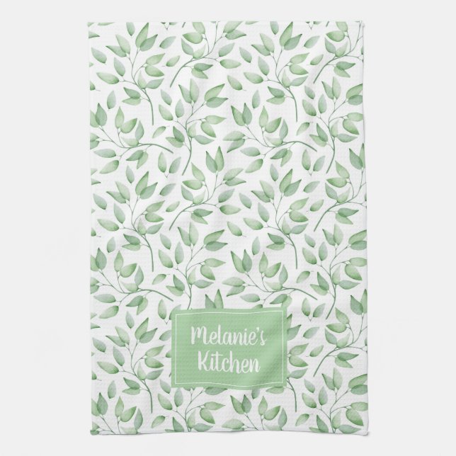 Personalized Leaves in Sage Green Tea Towel (Vertical)
