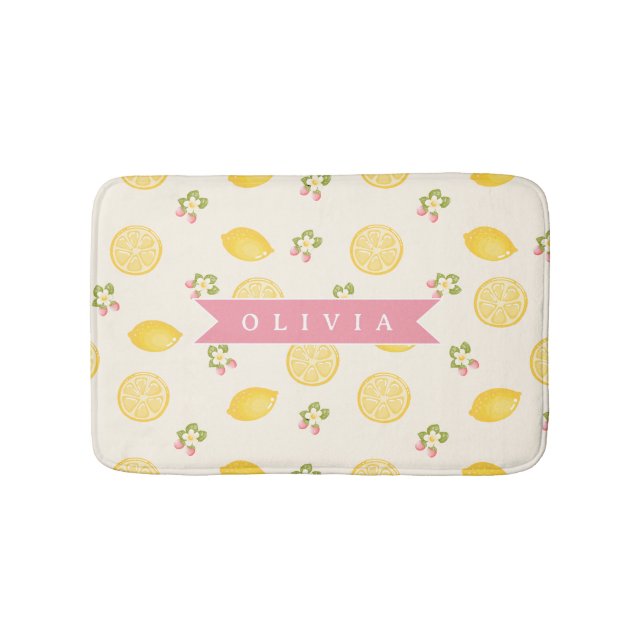 Personalized Lemon Floral Summer Custom Name Bath Mat (Front)