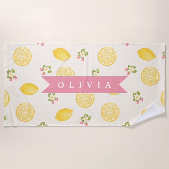 Personalized Lemon Floral Summer Custom Name Beach Towel (Front)