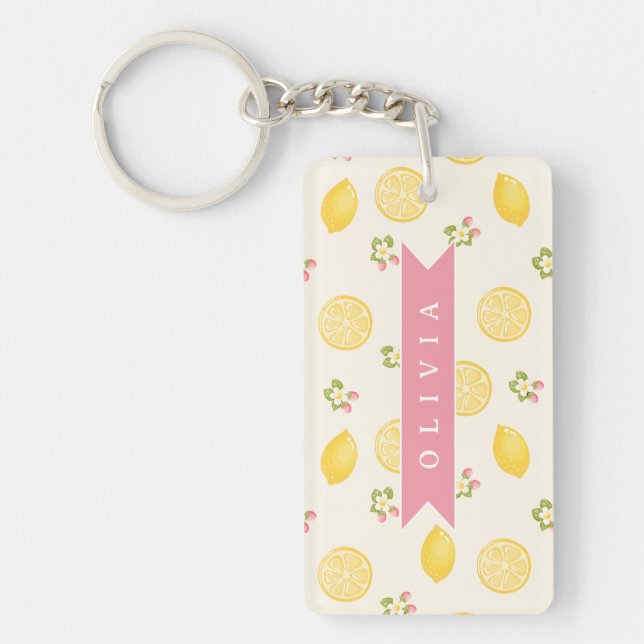 Personalized Lemon Floral Summer Custom Name Key Ring (Front)