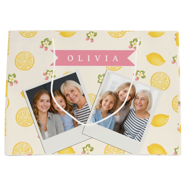 Personalized Lemon Floral Summer Custom Name Large Gift Bag (Front)
