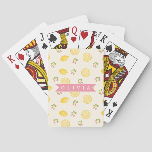 Personalized Lemon Floral Summer Custom Name Playing Cards (Back)