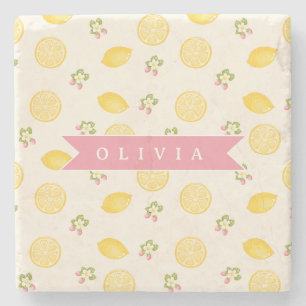 Personalized Lemon Floral Summer Custom Name Stone Coaster