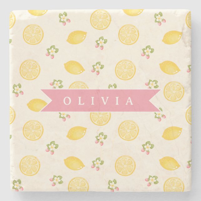 Personalized Lemon Floral Summer Custom Name Stone Coaster (Front)